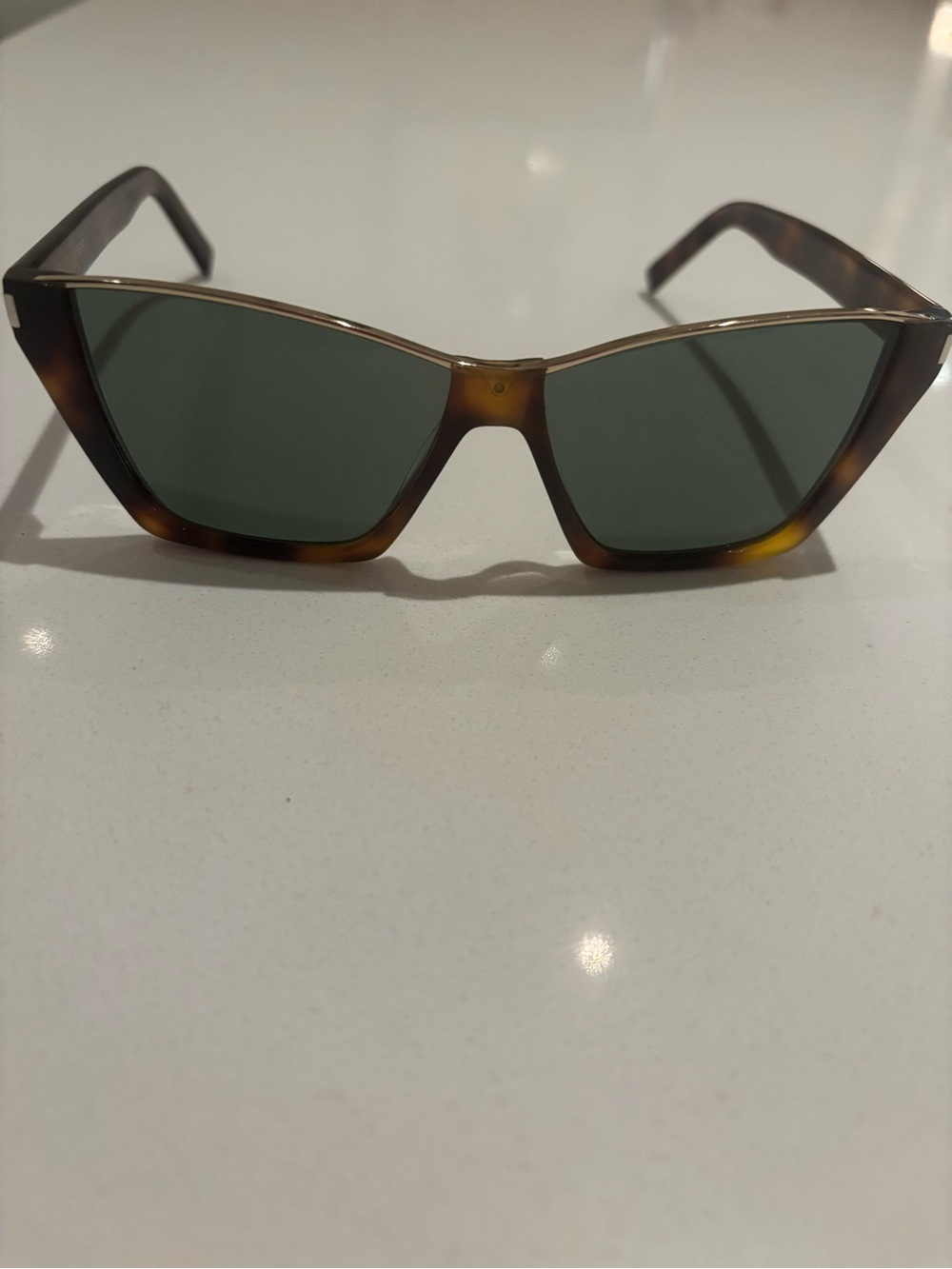 Saint Laurent Tortoiseshell Cat-Eye Sunglasses with Green Lenses